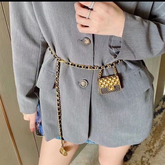 Anthro Black Gold Chain Belt With Designer Mini Charm Bag - Picture 3 of 13